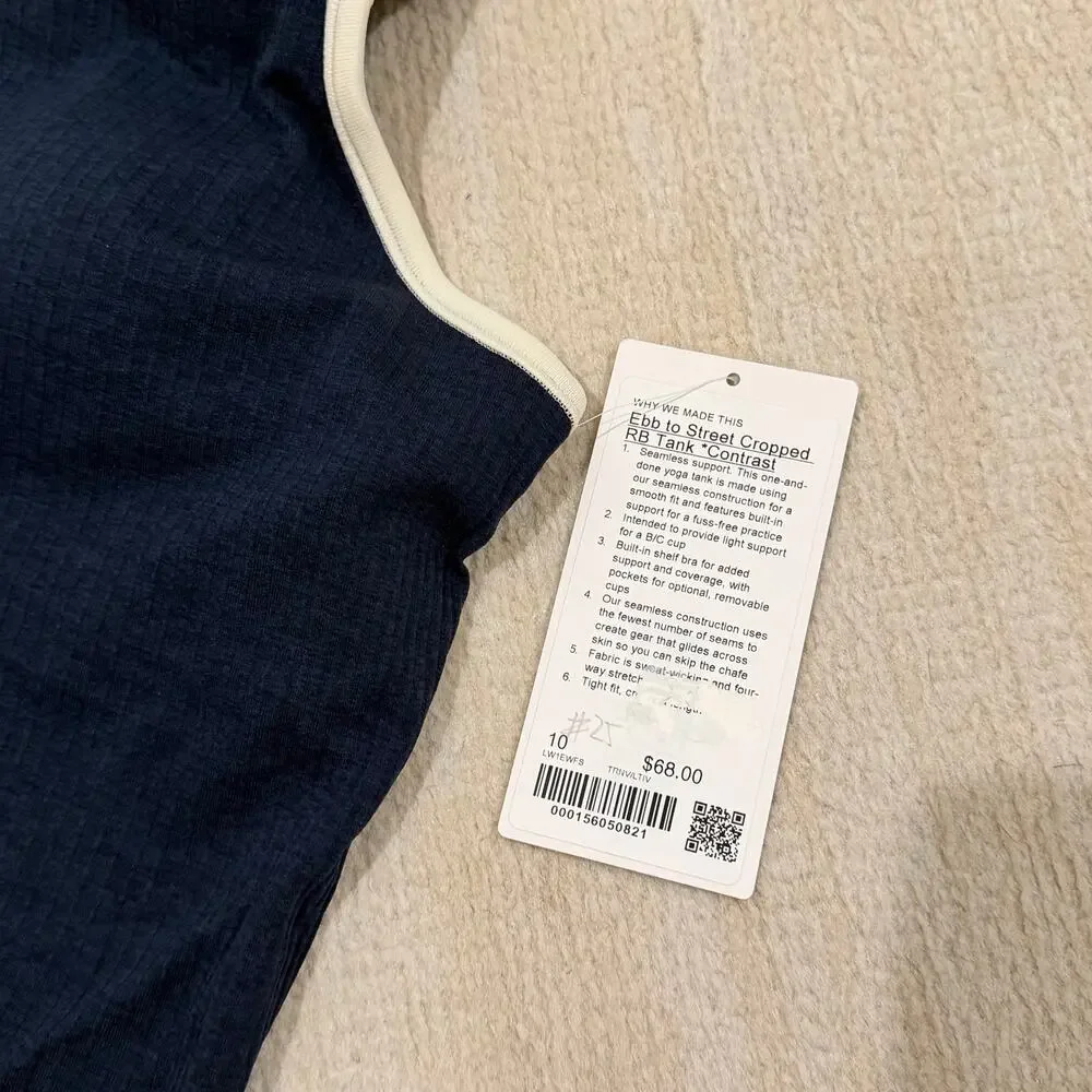 NWT Lululemon Ebb to Street Cropped Racerback Tank Top *Contrast Navy Size 10